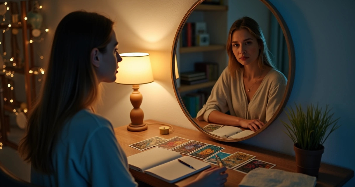 Mulher observa reflexão fragmentada em espelho enquanto segura cartas de tarot