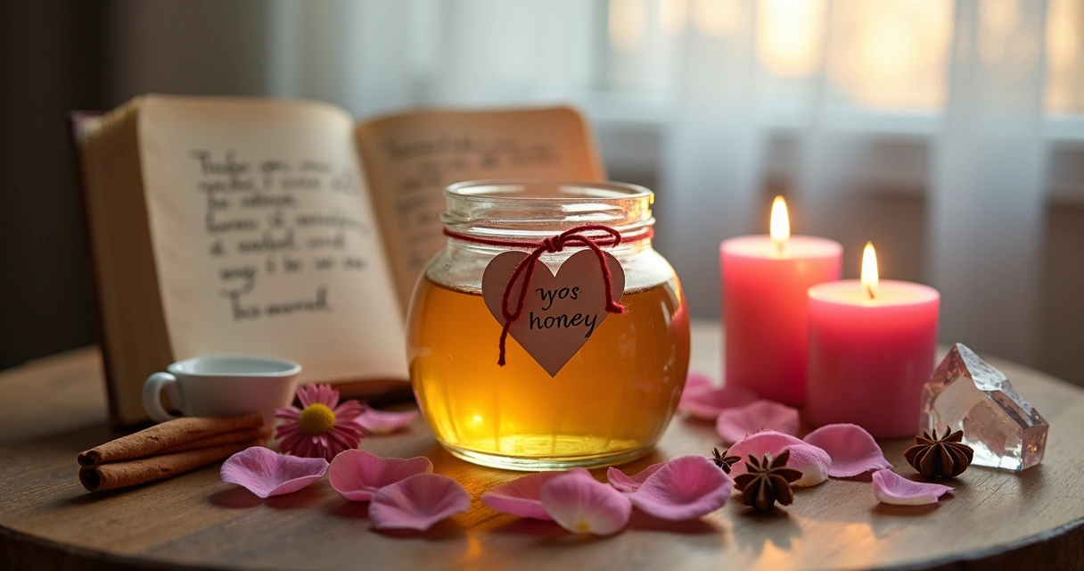 Altar de adoçamento amoroso com velas cor-de-rosa e pote de mel
