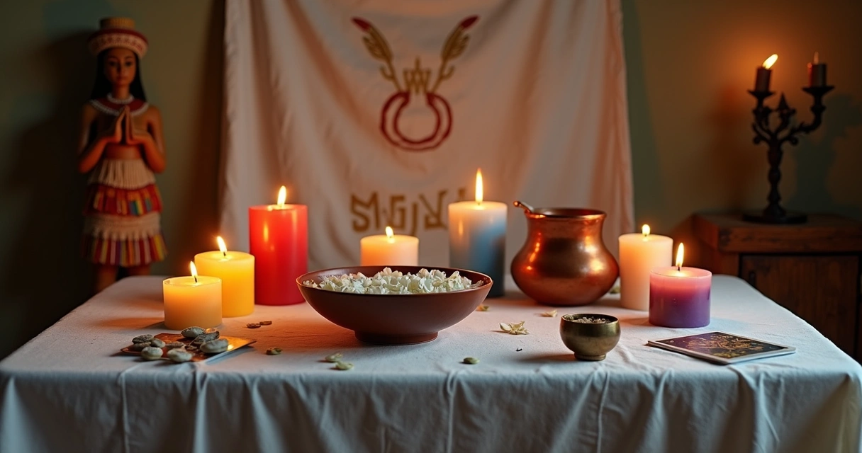 Altar de trabalho espiritual com velas coloridas e elementos de umbanda