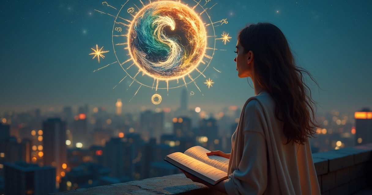 Mulher observando símbolos dos quatro elementos no céu sobre a cidade à noite