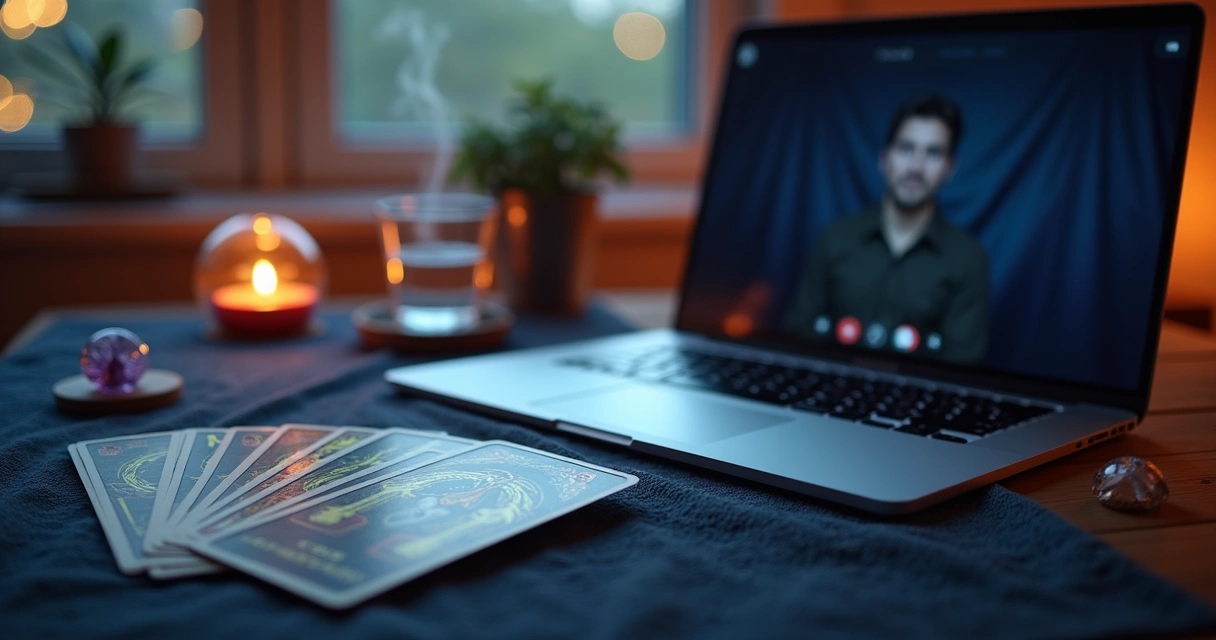Cartas de tarot ao lado de notebook aberto em consulta espiritual online