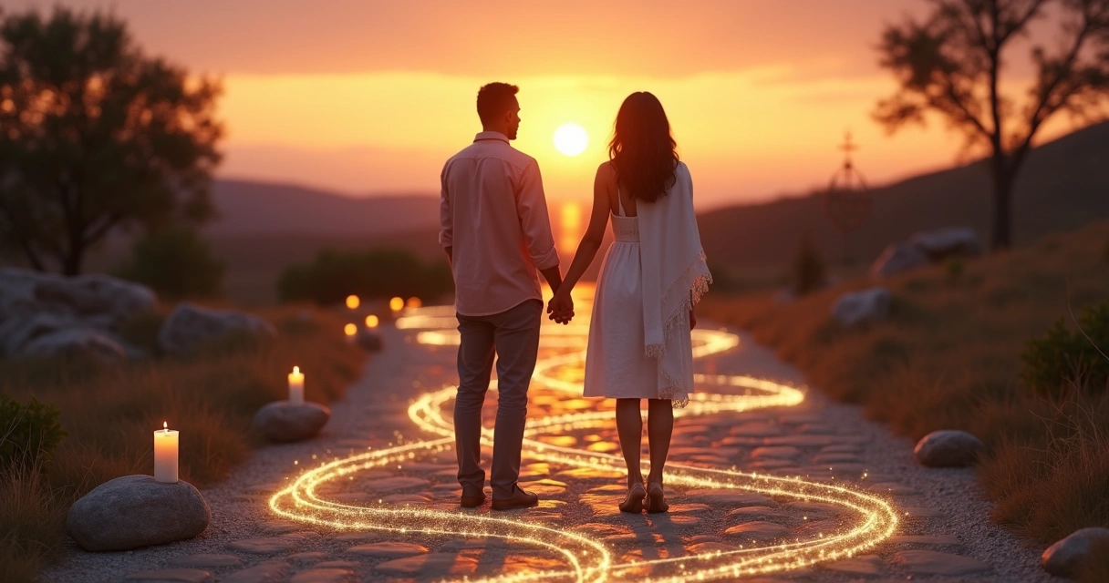 Casal de costas em cruzamento de caminhos iluminados ao pôr do sol