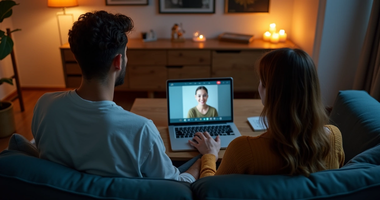 Casal de mãos dadas à noite olhando notebook aberto em consulta espiritual online