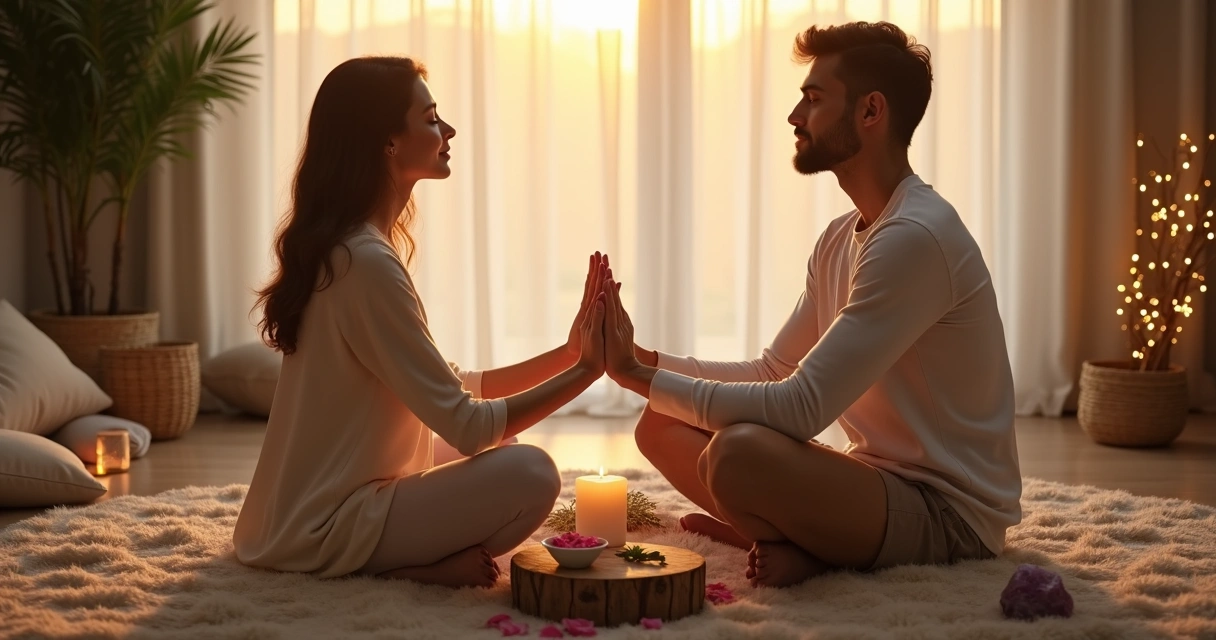 Casal sentado meditando junto em ambiente iluminado por cristais e velas