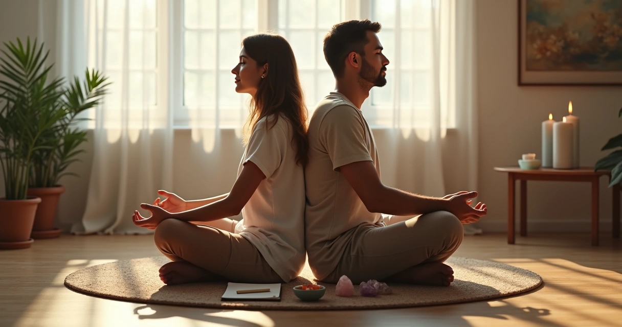 Casal sentado de costas fazendo meditação em sala com decoração espiritual