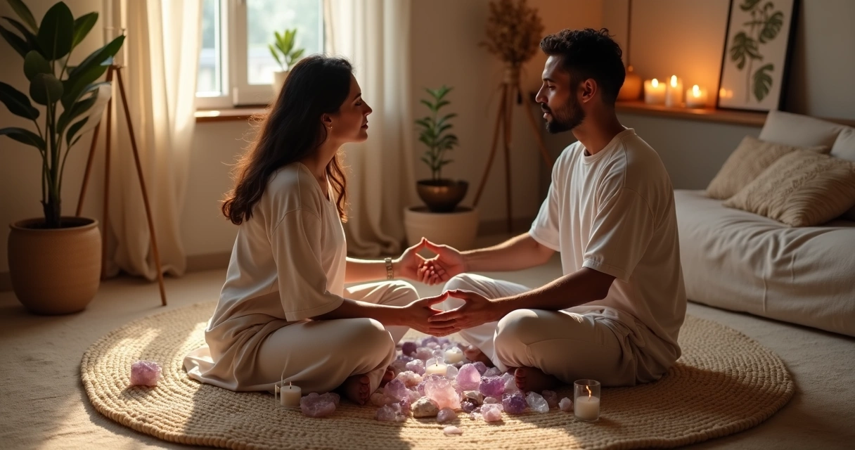 Casal meditando de mãos dadas cercado por cristais e luz suave