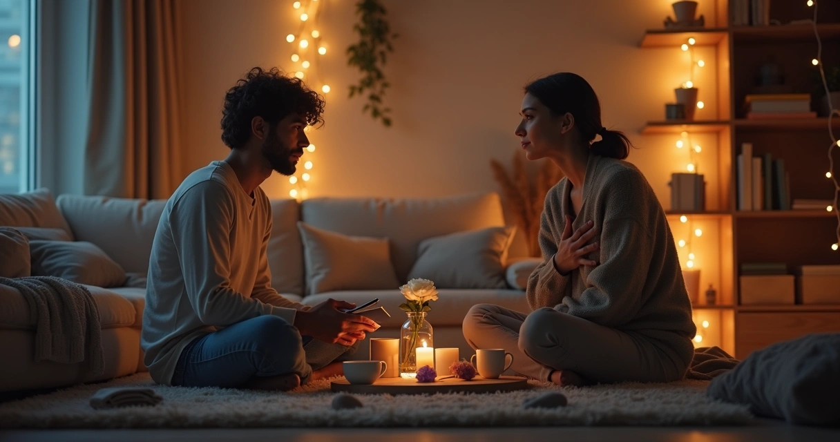 Casal sentado em sala aconchegante iniciando reconexão afetiva