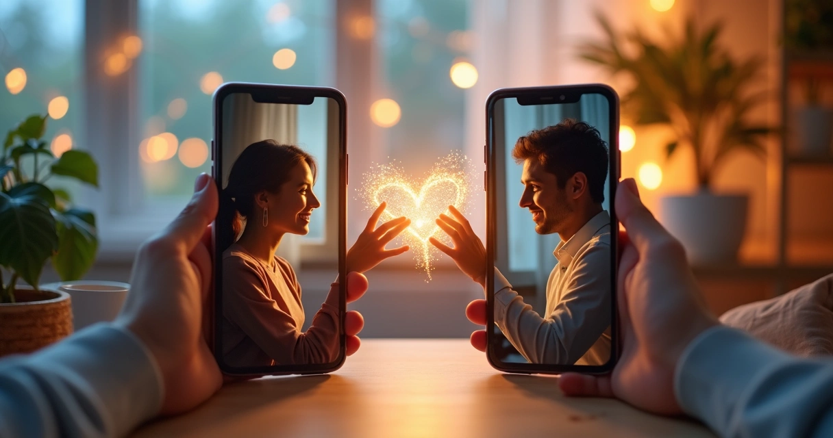 Casal em telas de celular se tocando com corações de luz entre eles