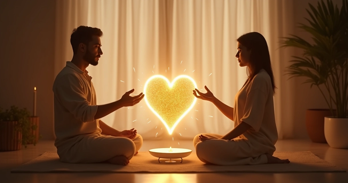 Círculo de luz em forma de coração entre duas silhuetas aproximando as mãos
