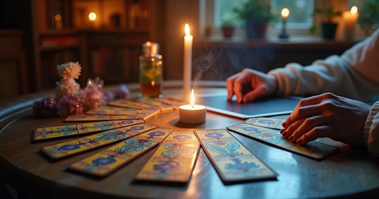 Mesa dividida entre consulta de tarot presencial e leitura de tarot online em estilo realista