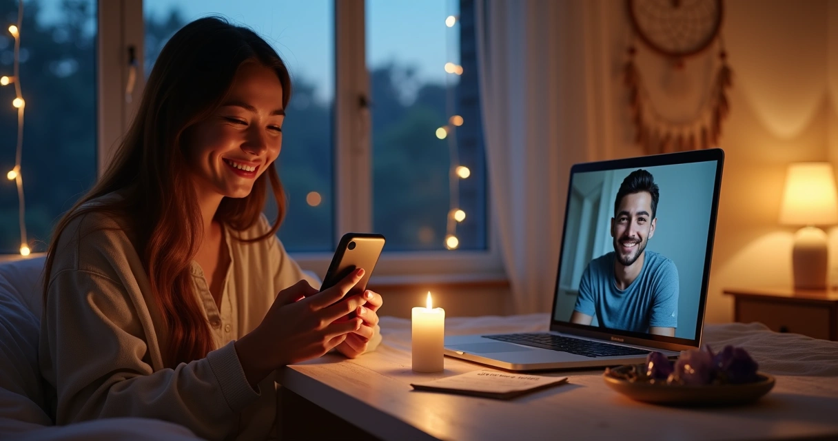 Casal se conecta por chamada de vídeo com símbolos espirituais ao redor