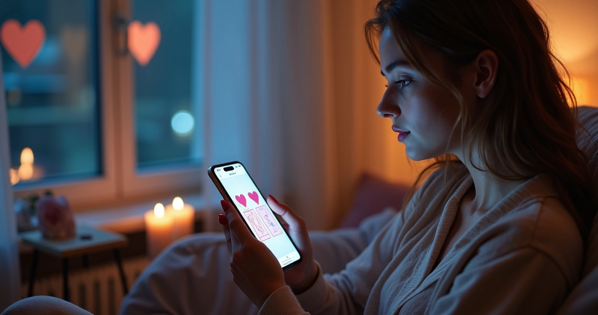 Mulher observa tela de celular com cartas de tarot sobre corações desenhados