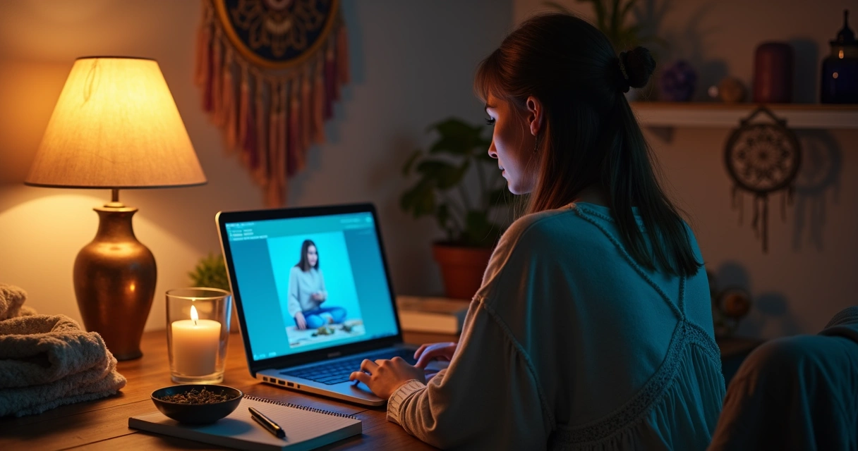 Mulher em casa à noite com notebook aberto enquanto recebe orientação espiritual online com detalhes místicos ao redor
