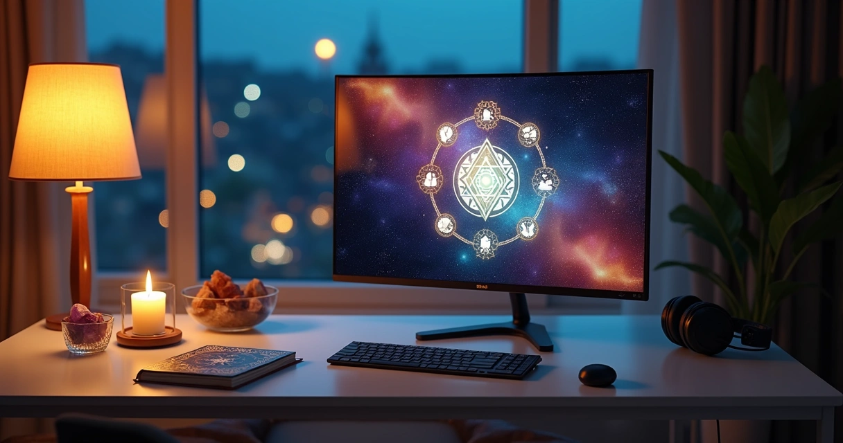 Ambiente moderno com sala iluminada unindo elementos digitais e de Tarot