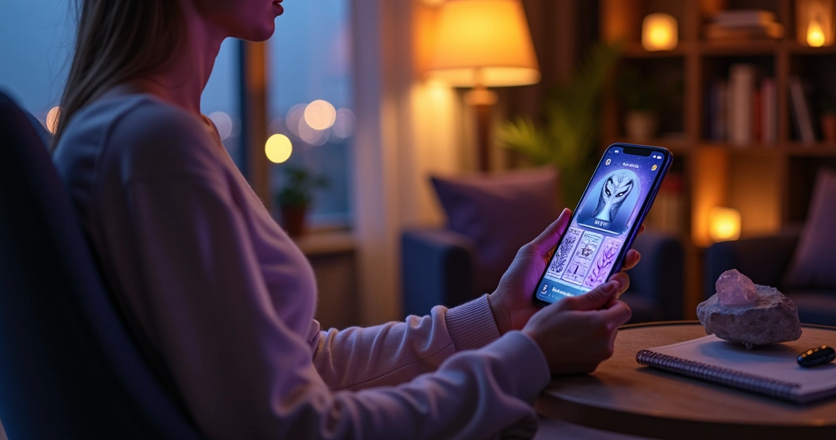 Mulher segurando celular com consulta de tarot online aberta na tela