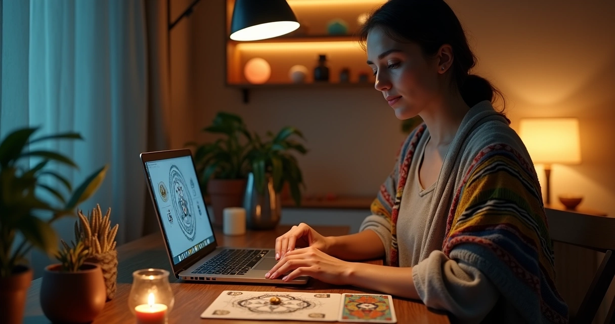 Consultora espiritual atendendo online em ambiente acolhedor com cartas de tarot e búzios na mesa