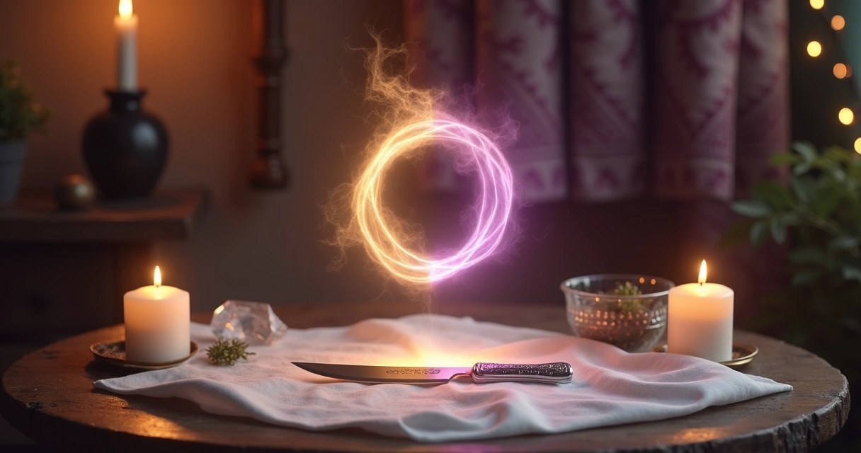 Ritual espiritual representando corte de laços energéticos com aura suave de proteção