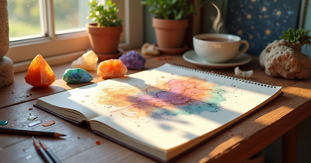 Cristais coloridos sobre mesa com caderno e tinta aquarela