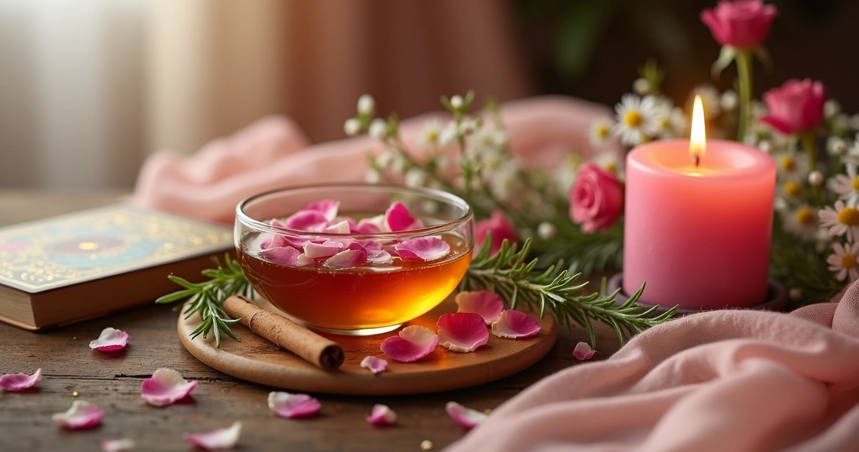 Mesa com ervas doces vela e cartas de tarot em ritual de adoçamento urgente
