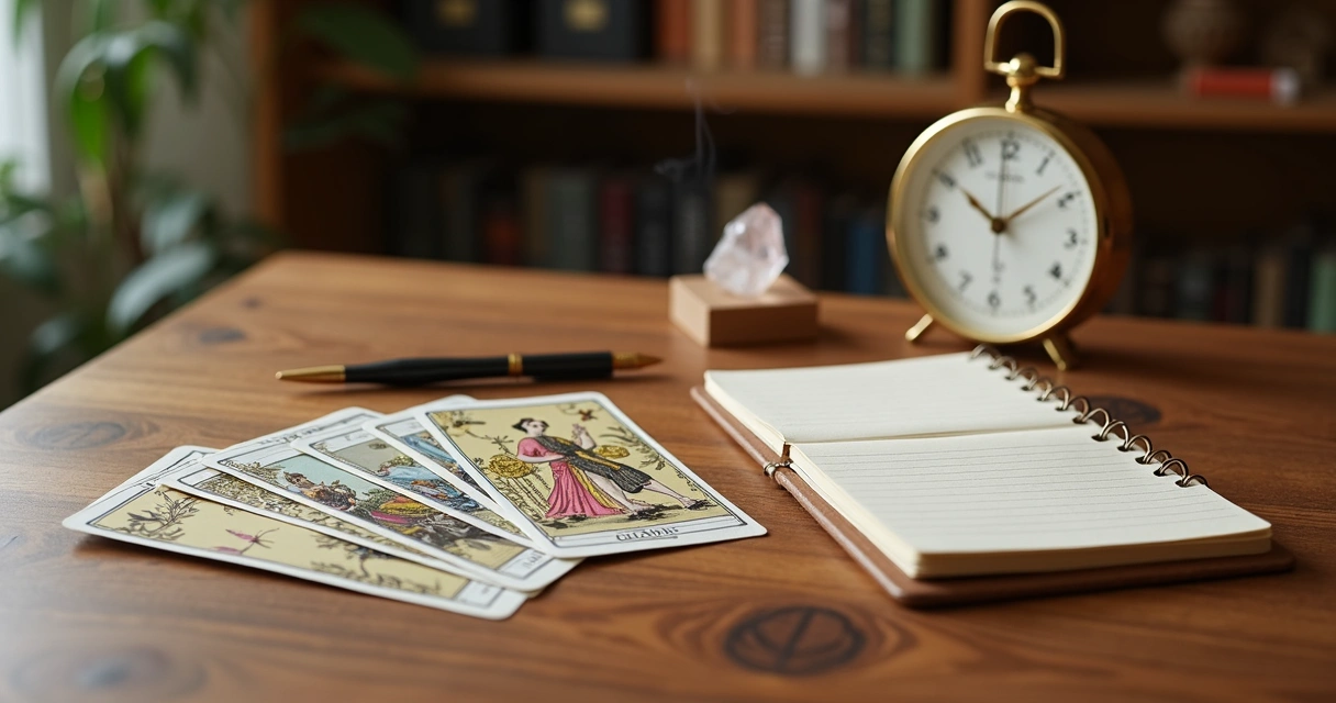 Mesa de madeira com baralho cigano disposto de forma profissional ao lado de caderno de anotações e relógio mostrando seriedade da consulta