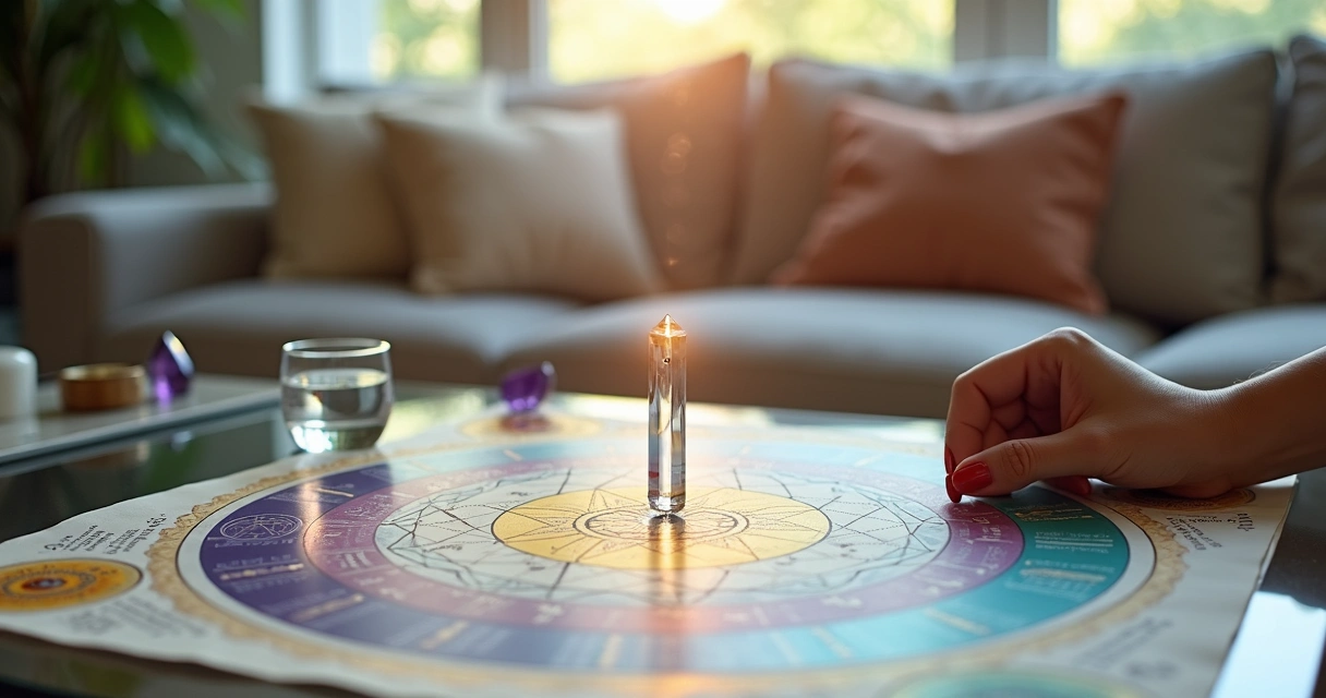 Mesa radiônica com gráficos coloridos e pêndulo iluminado por círculo de luz