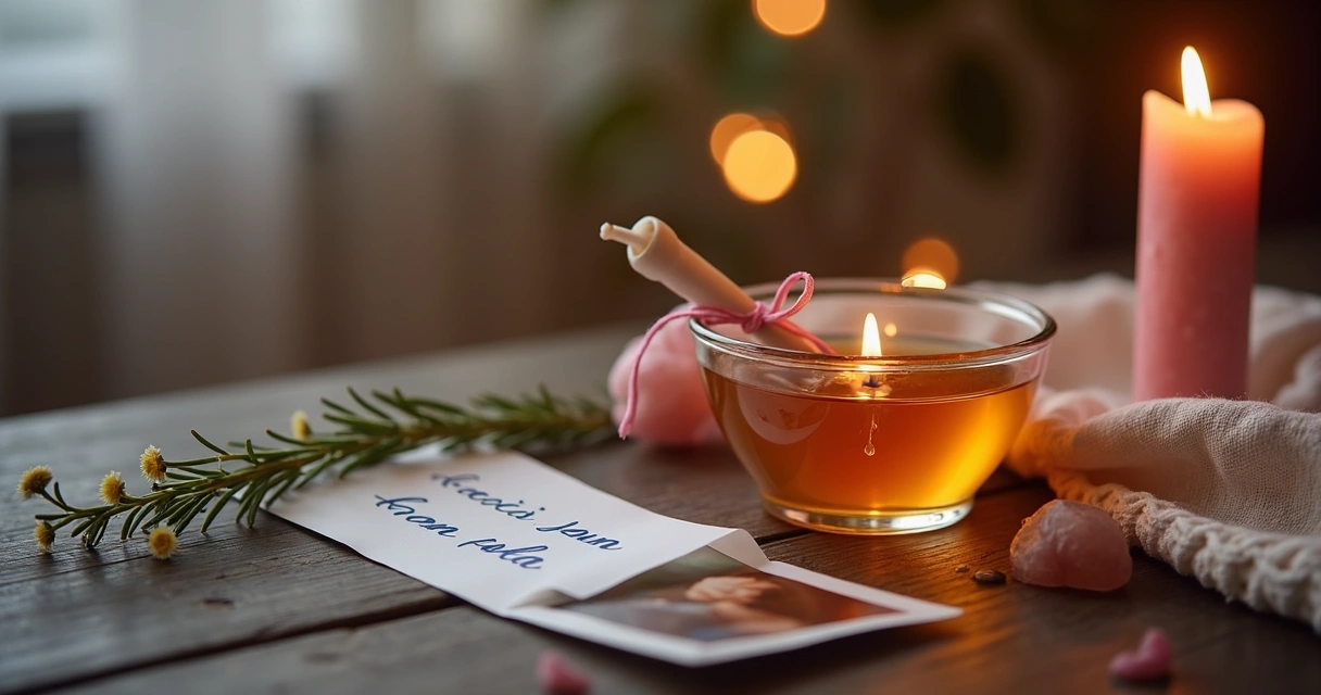 Mesa com ritual de adoçamento amoroso com mel vela rosa e fotografia de casal