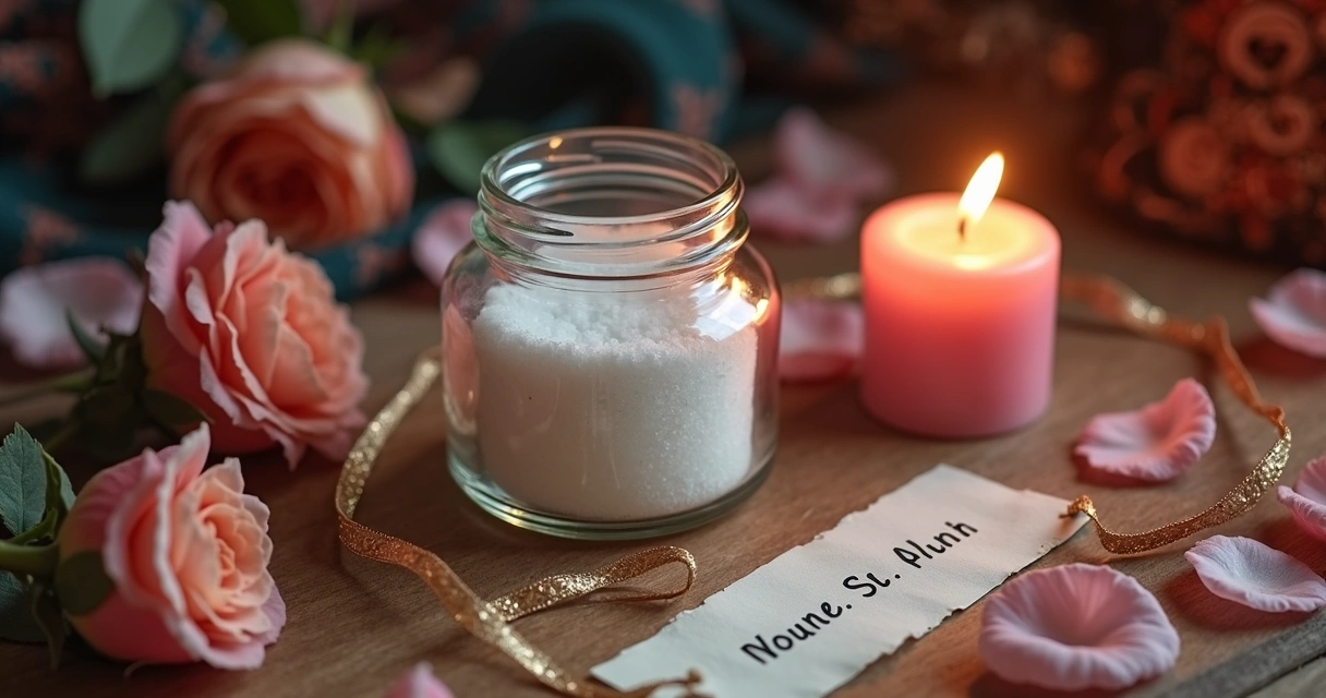 Mesa de simpatia com açúcar vela rosa e papel em ambiente místico delicado