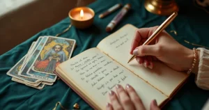 Mulher escrevendo perguntas em caderno ao lado de cartas de tarot organizadas