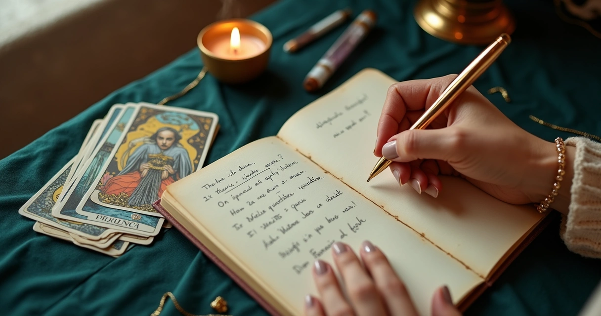 Mulher escrevendo perguntas em caderno ao lado de cartas de tarot organizadas