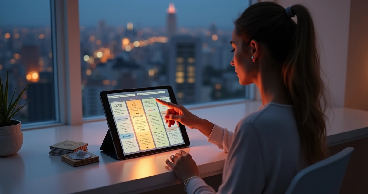 Mulher analisando no tablet diferentes plataformas para falar com tarólogo online