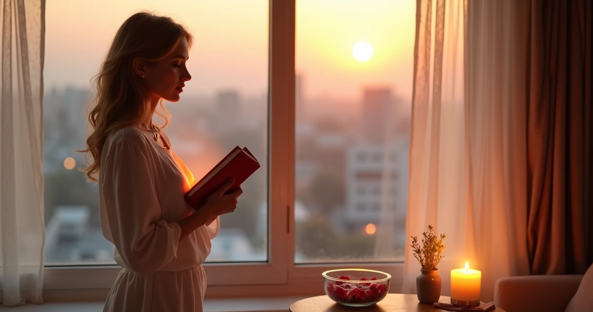 Mulher contemplando horizonte ao entardecer com aura de energia rosa ao redor do coração