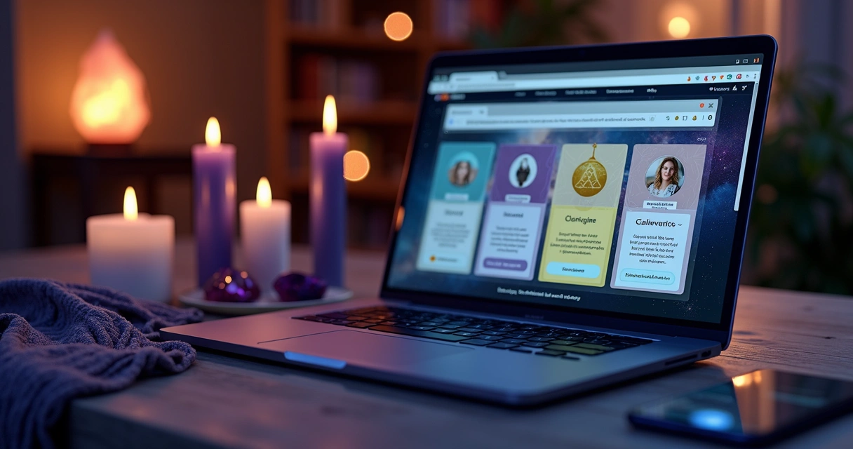 Tela de notebook com plataformas de consulta espiritual online ao lado de velas e cristais