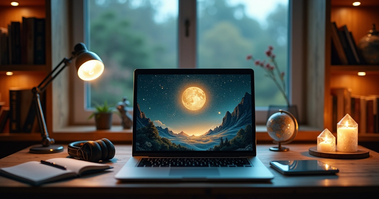 Tela de site espiritual em laptop cercado por símbolos místicos discretos