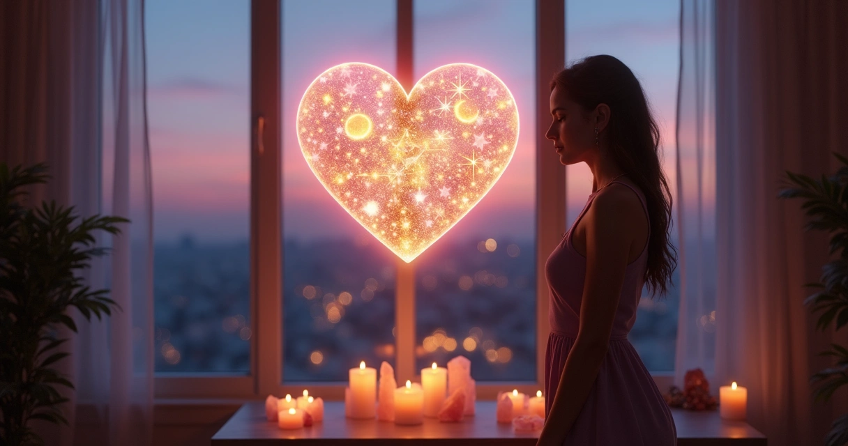 Mulher observando cartas de tarot em formato de coração projetadas como luz