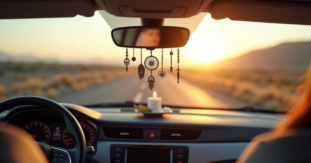 Amuleto de proteção pendurado no retrovisor de carro em estrada ao amanhecer