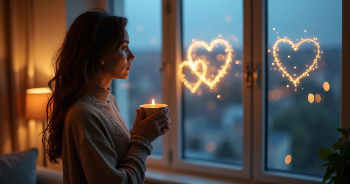 Mulher refletindo diante de janela com dois corações feitos de luz ao fundo