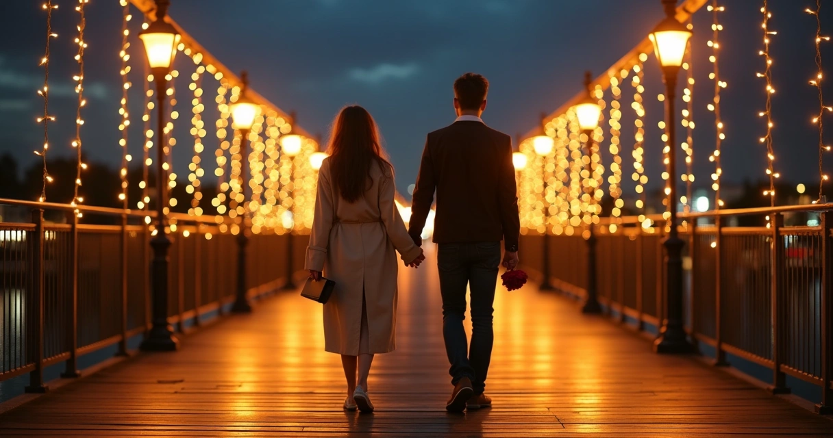 Casal de costas se aproximando no meio de uma ponte iluminada à noite