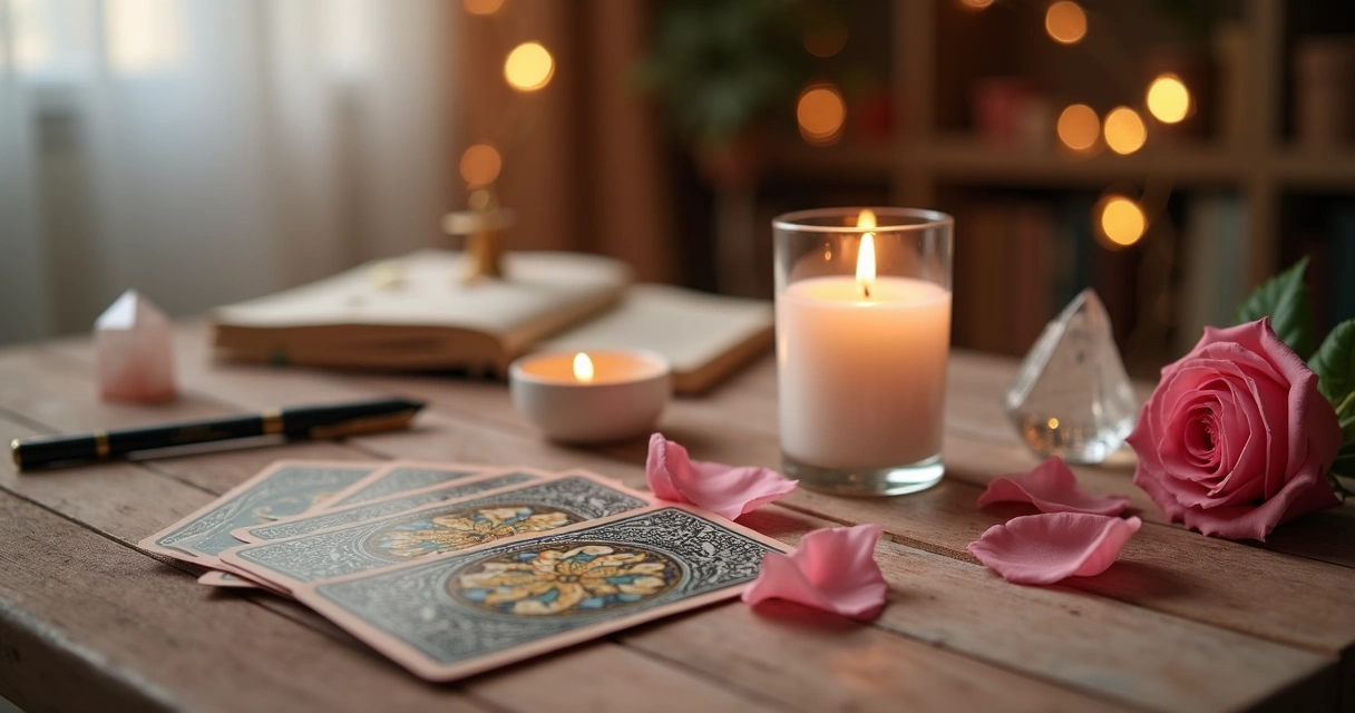 Mesa espiritual com cartas de tarot, vela acesa e rosa simbolizando reconciliação amorosa