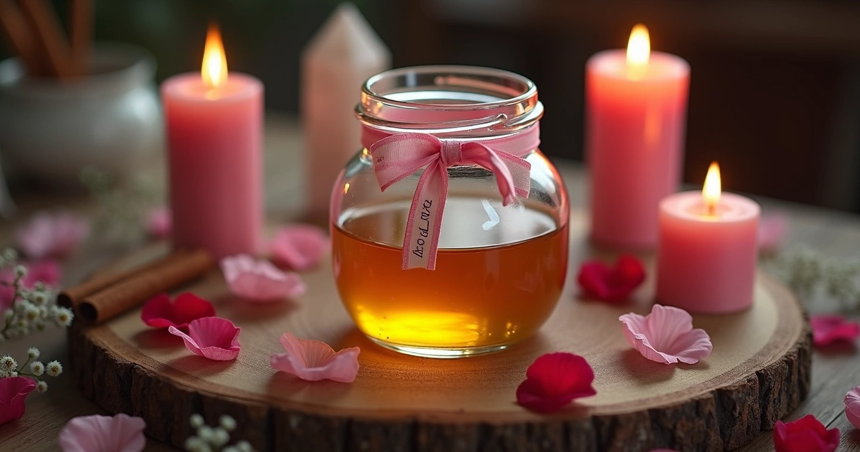 Altar de adoçamento amoroso com velas rosas e pote de vidro decorado