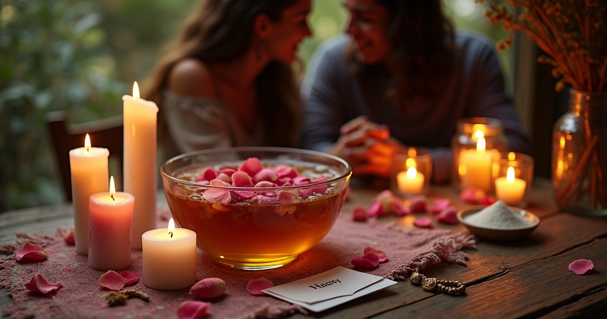 Altar cigano para adoçamento com casal de mãos entrelaçadas ao fundo desfocado