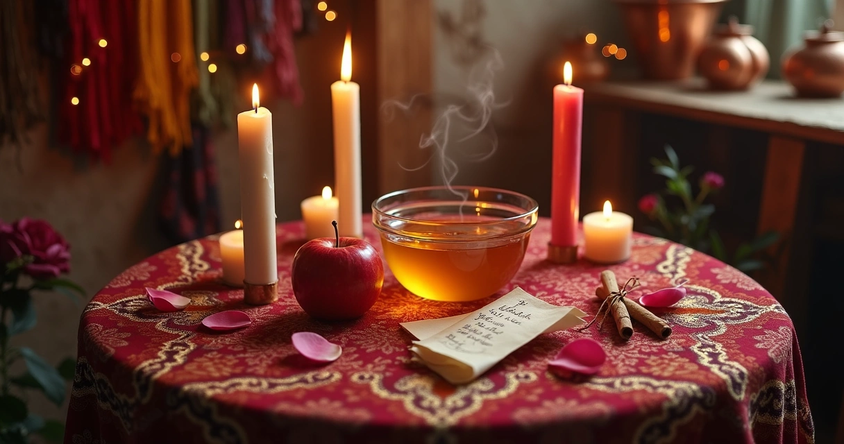 Mesa cigana com velas e mel em ritual de adoçamento amoroso