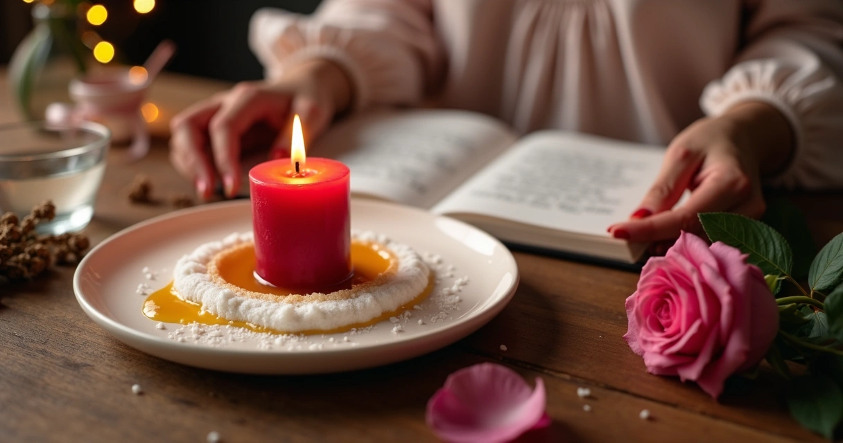 Mulher prepara ritual amoroso com vela vermelha mel e rosa sobre prato branco