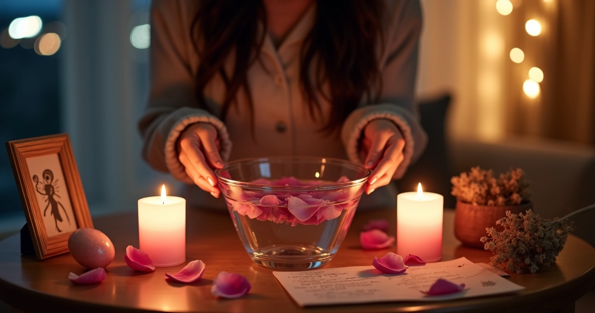 Mulher prepara altar com velas rosas e pétalas para ritual de amor