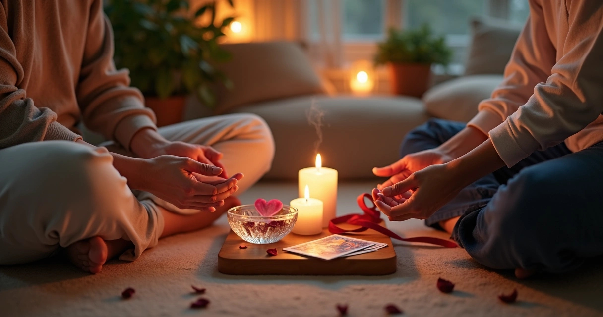 Casal realizando ritual espiritual em frente a pequeno altar com velas acesas