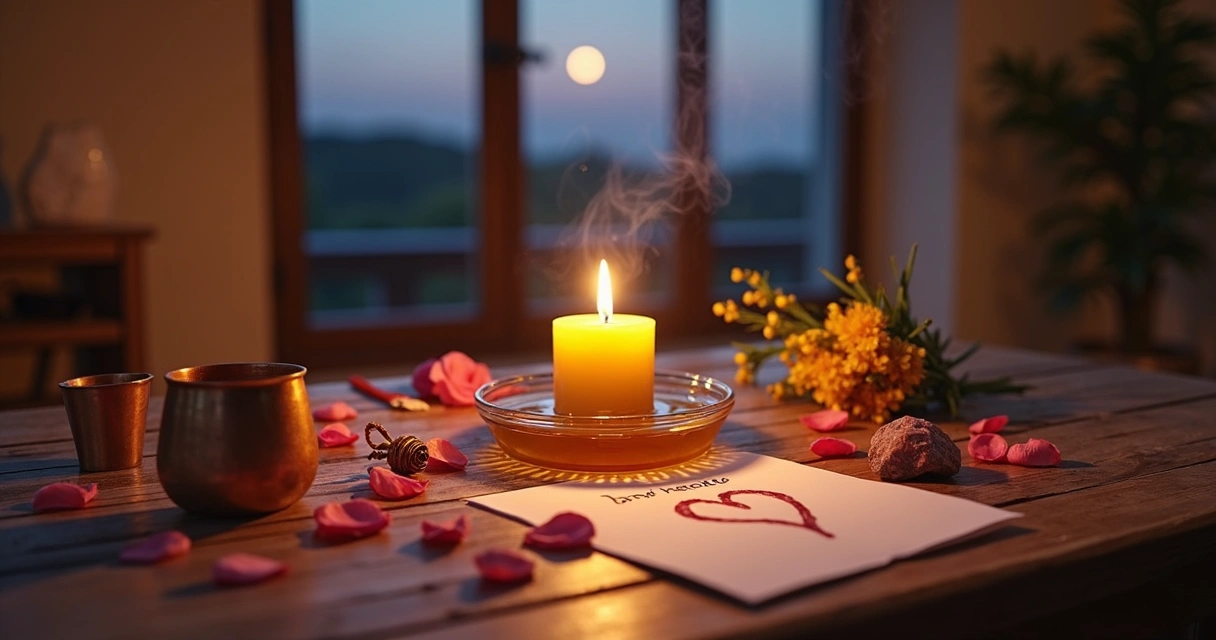 Mesa de ritual cigano com vela mel flores e elementos amorosos
