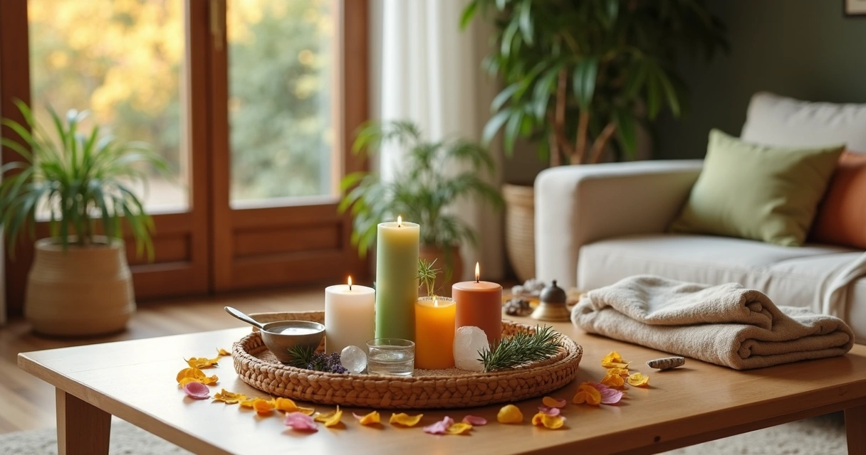 Altar com flores e velas em sala iluminada para ritual de troca de estação