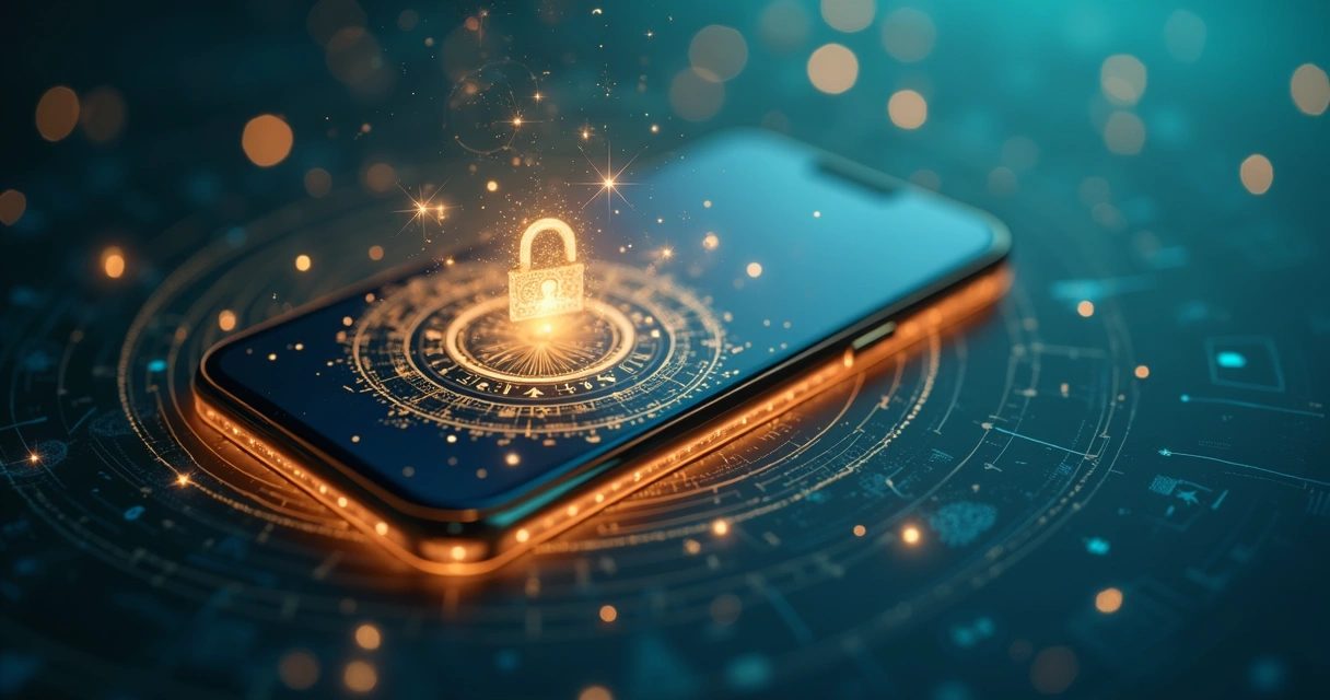 Símbolo de segurança digital envolvendo signos místicos em tela de celular