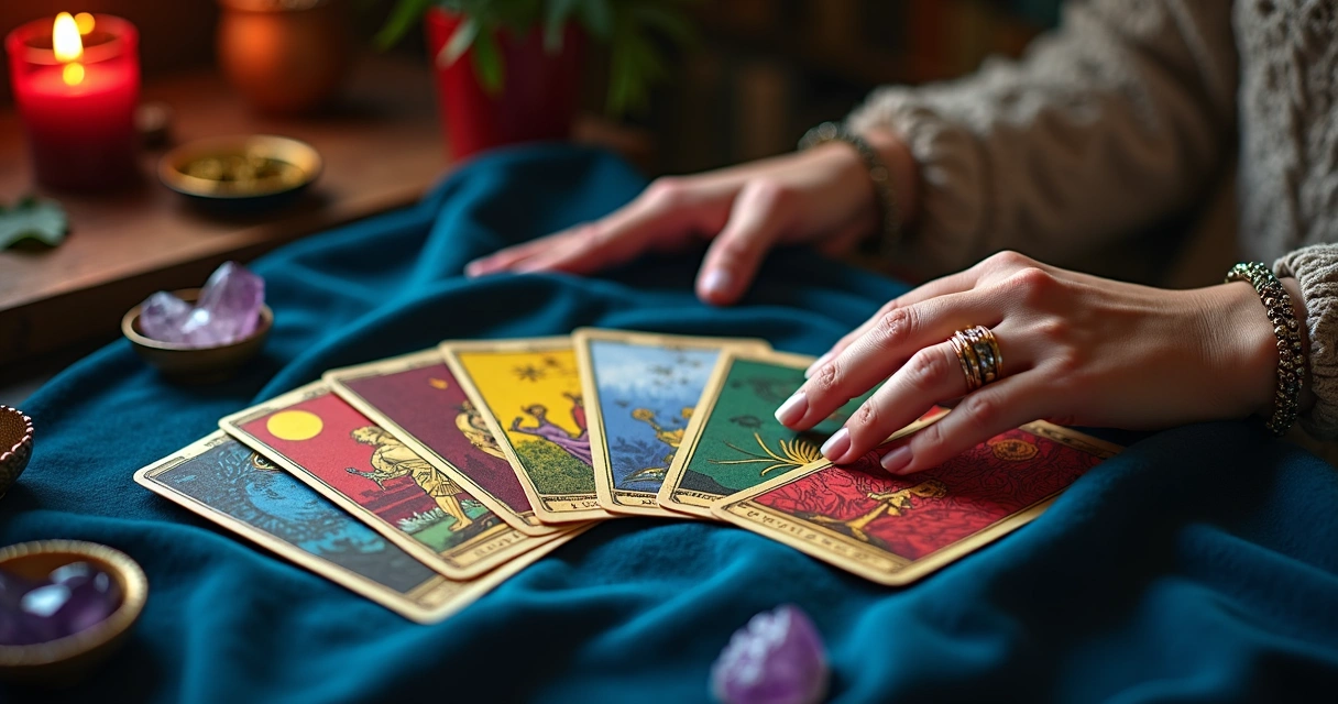 Leque de cartas de tarot coloridas com foco simbólico nas cores