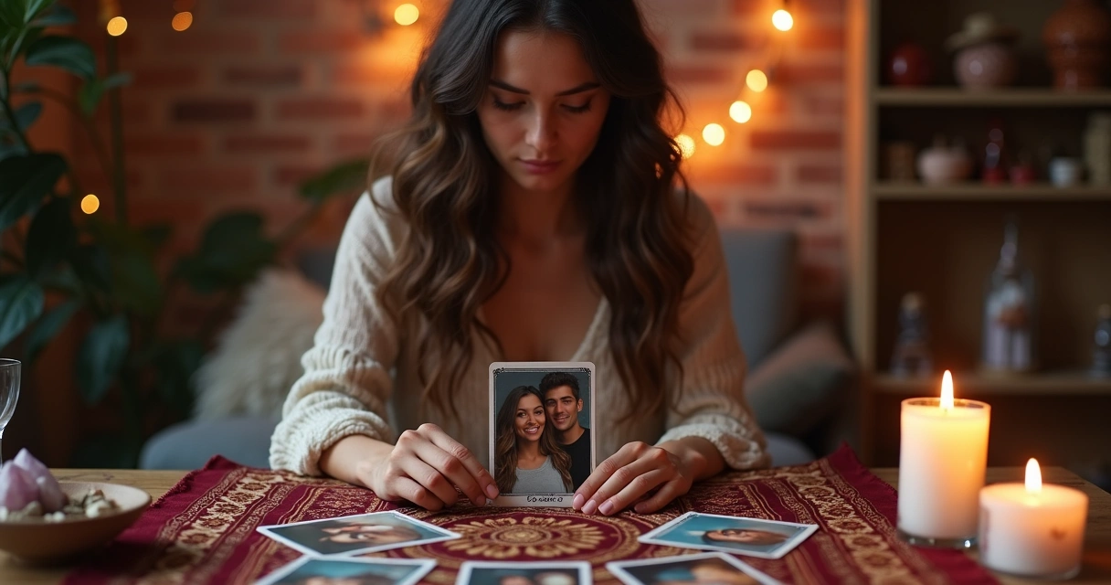 Mulher em sala mística analisa relação segurando foto do casal sobre cartas de tarot