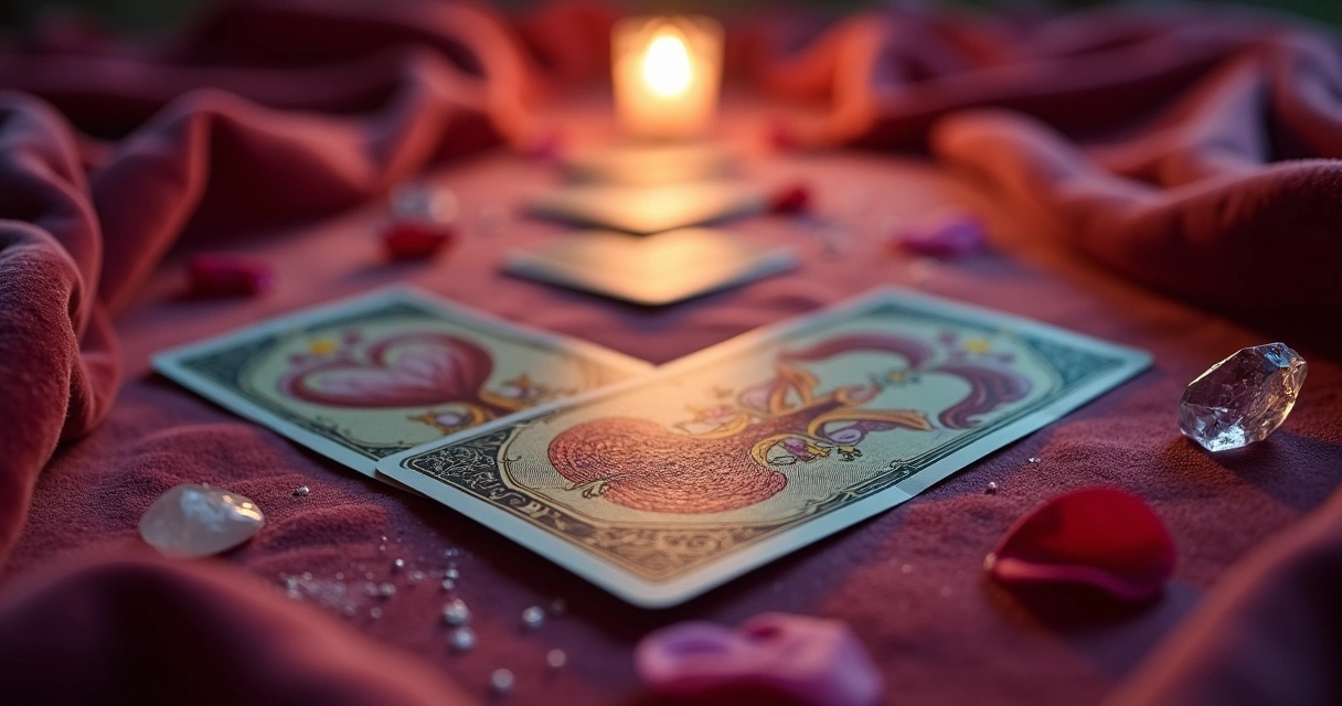Cartas de tarot em formato de coração formando um caminho iluminado